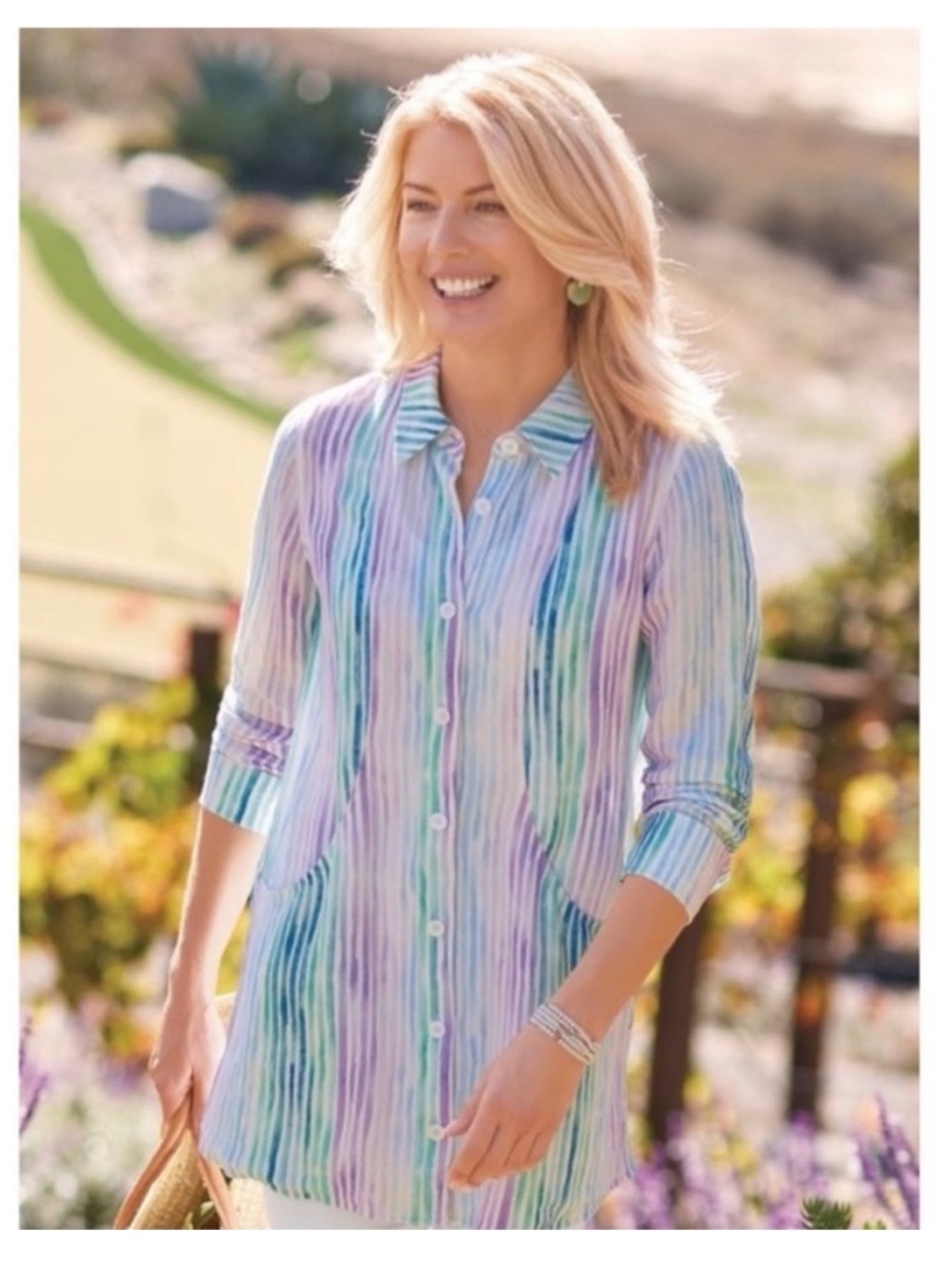Soft Surroundings Boho Striped Button Front Cia Senna Tunic Shirt Top XL